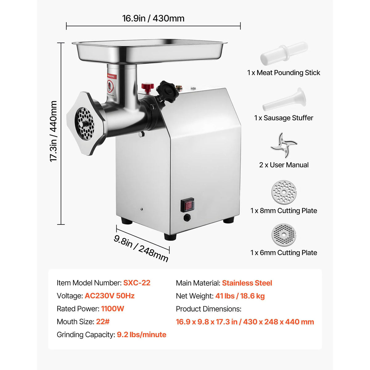 Hachoir à Viande Électrique Inox — 600W / 850W / 1100W avec Embout à Saucisses Hachoirs à Viande