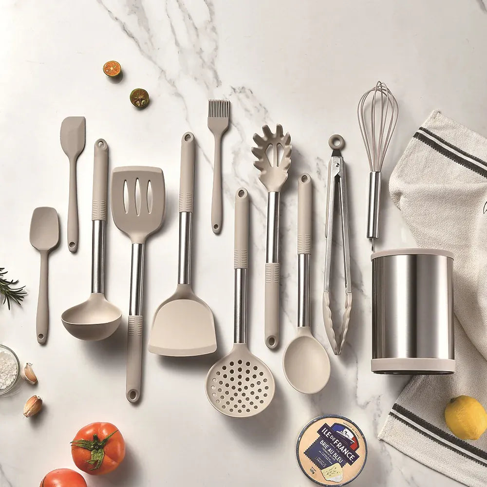 Set d'Ustensiles de Cuisine en Silicone avec Support Rotatif 360° - 12 pièces