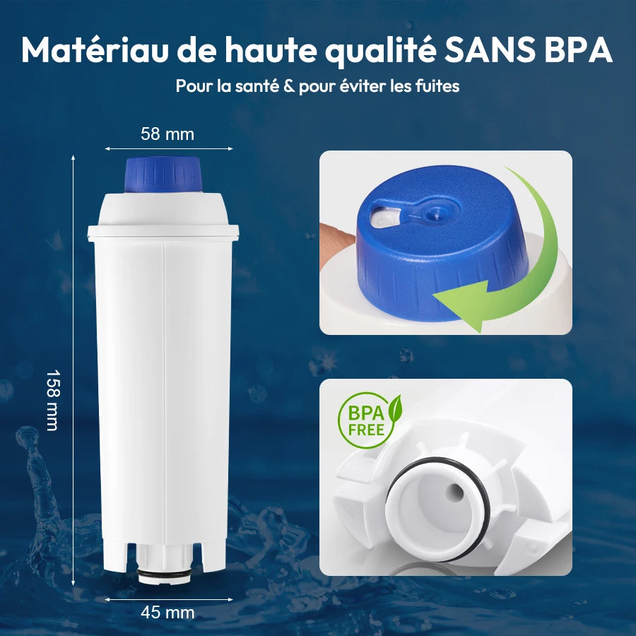 Dimensions du filtre à eau : 158 mm de haut, 58 mm et 45 mm de diamètre