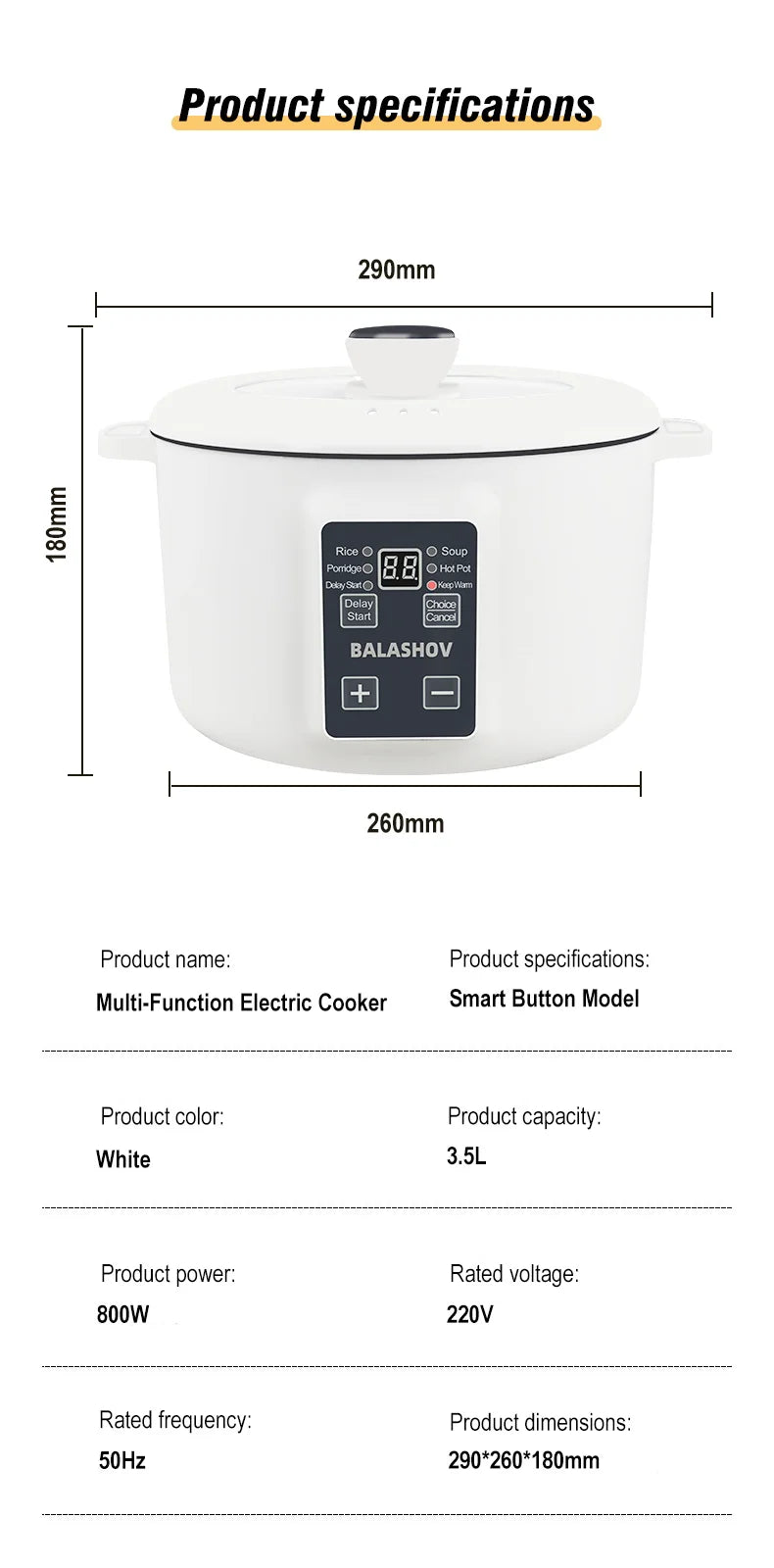 Dimensions : 29 x 26 x 18 cm, 3,5 L, 800 W, 220 V