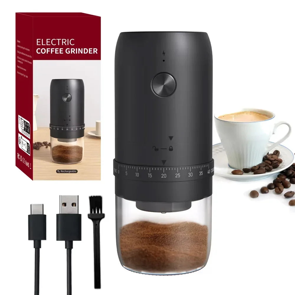 Moulin à café portable, boîte, câble USB-C et brosse
