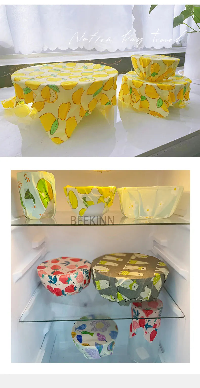 Film Alimentaire Réutilisable Cire d'Abeille – Lot de 3 Tailles, Motifs Fruités
