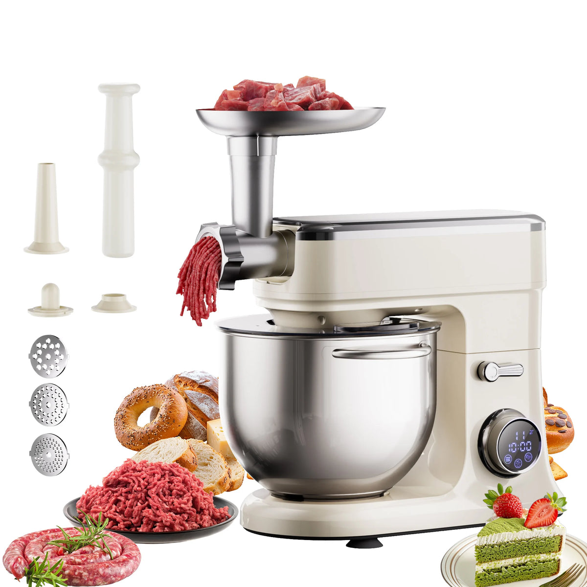 Robot pâtissier 7 L avec hachoir à viande, 3 grilles et entonnoir à saucisses