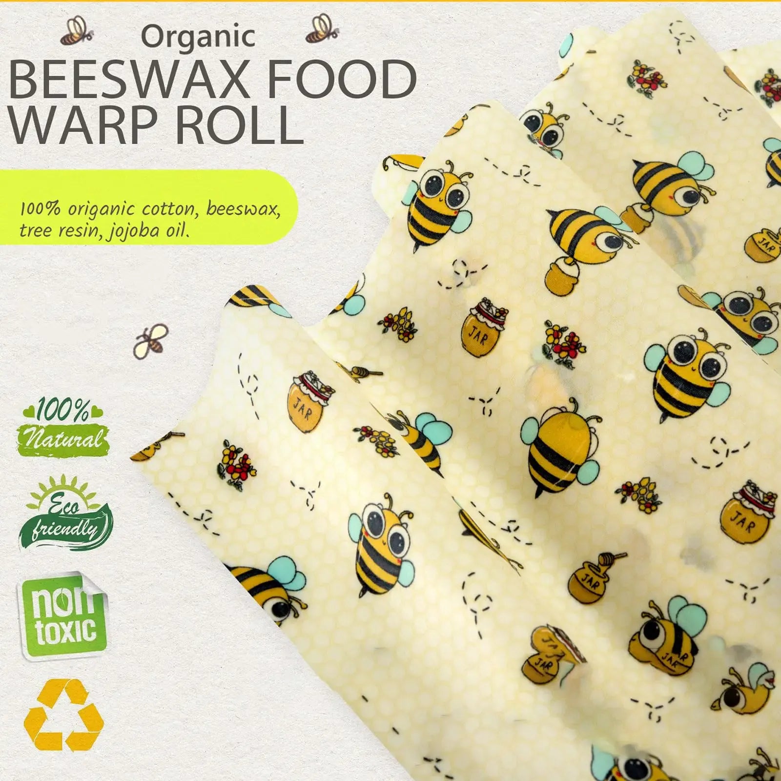 Film Alimentaire Réutilisable Cire d'Abeille – Lot de 3 Feuilles, 15 Motifs