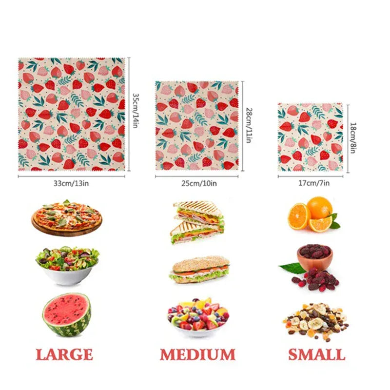 Film Alimentaire Réutilisable Cire d'Abeille – Lot de 3 Tailles, Motifs Fruités