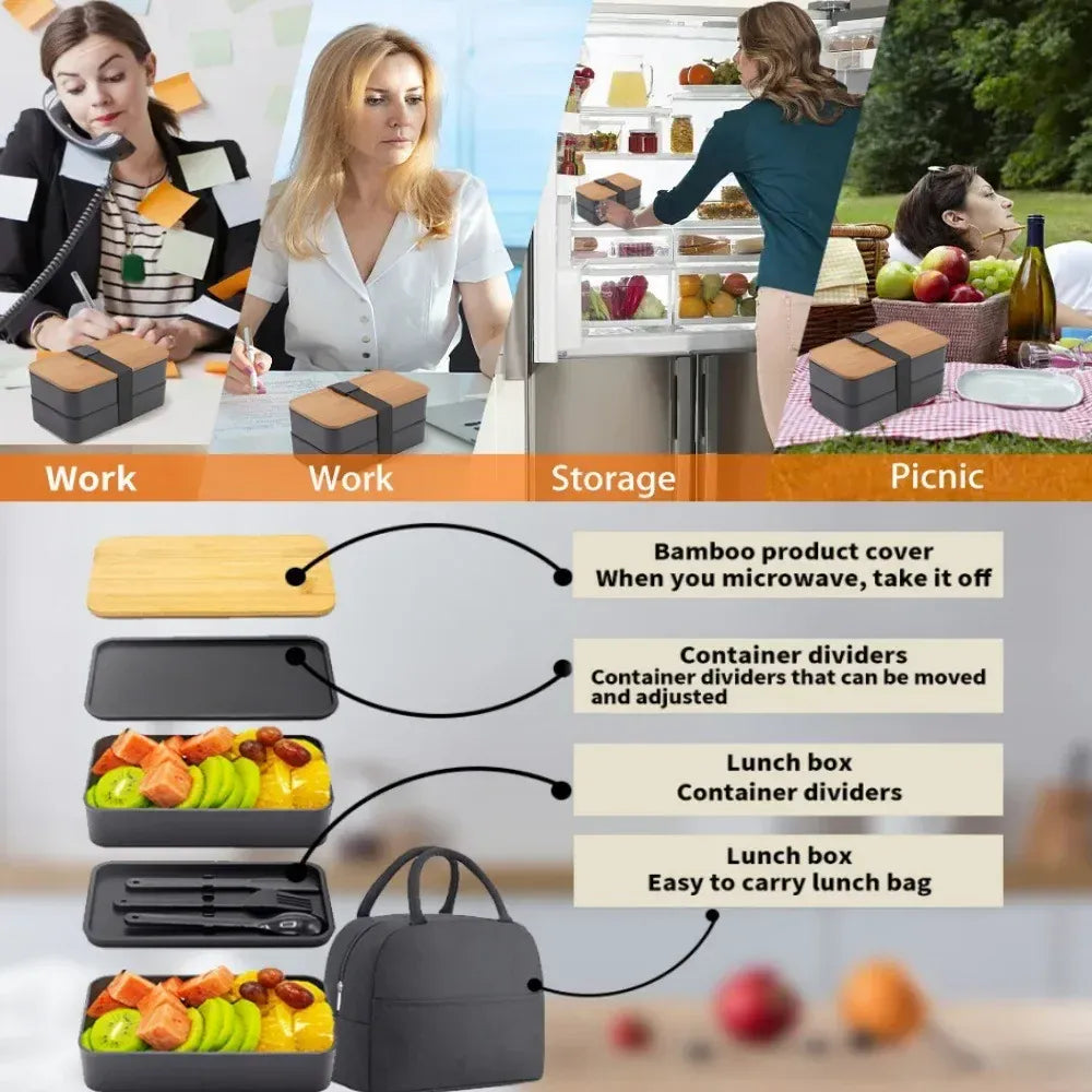 Bento 2 Étages en Bambou et Plastique | Boîte de Rangement Alimentaire Bento