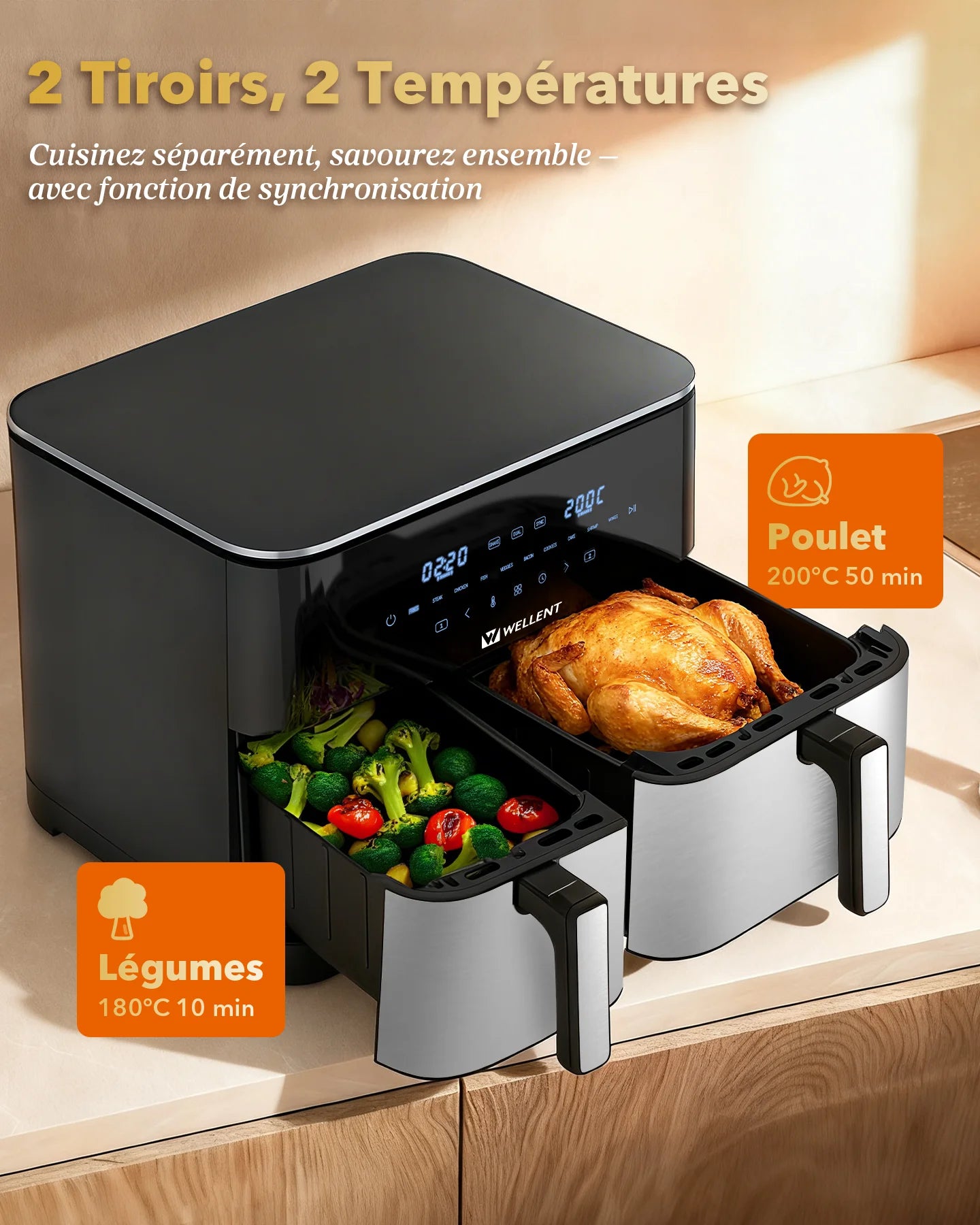 Deux tiroirs à deux températures : poulet à 200 °C et légumes à 180 °C