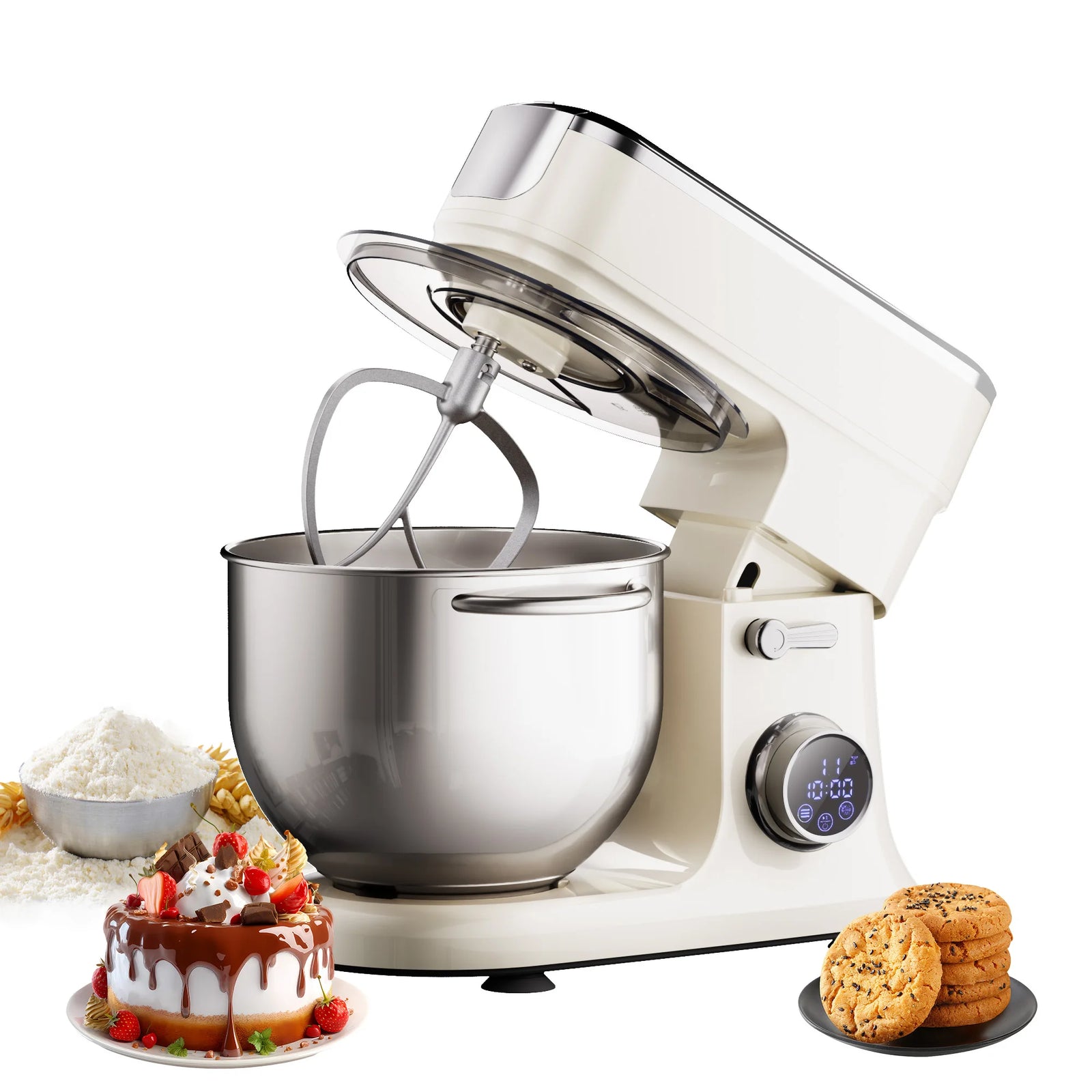 Robot pâtissier 7 L blanc crème, bol inox et batteur, version robot seul