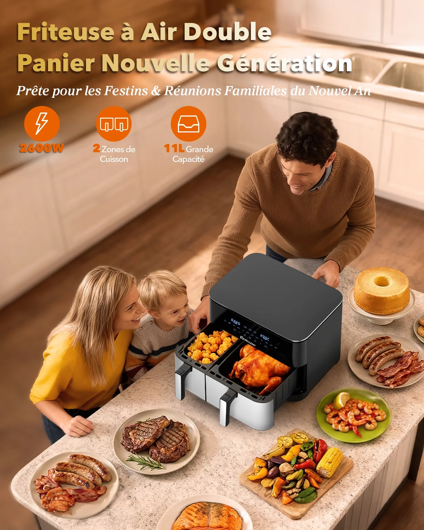 Famille autour de l'air fryer double panier 11 L