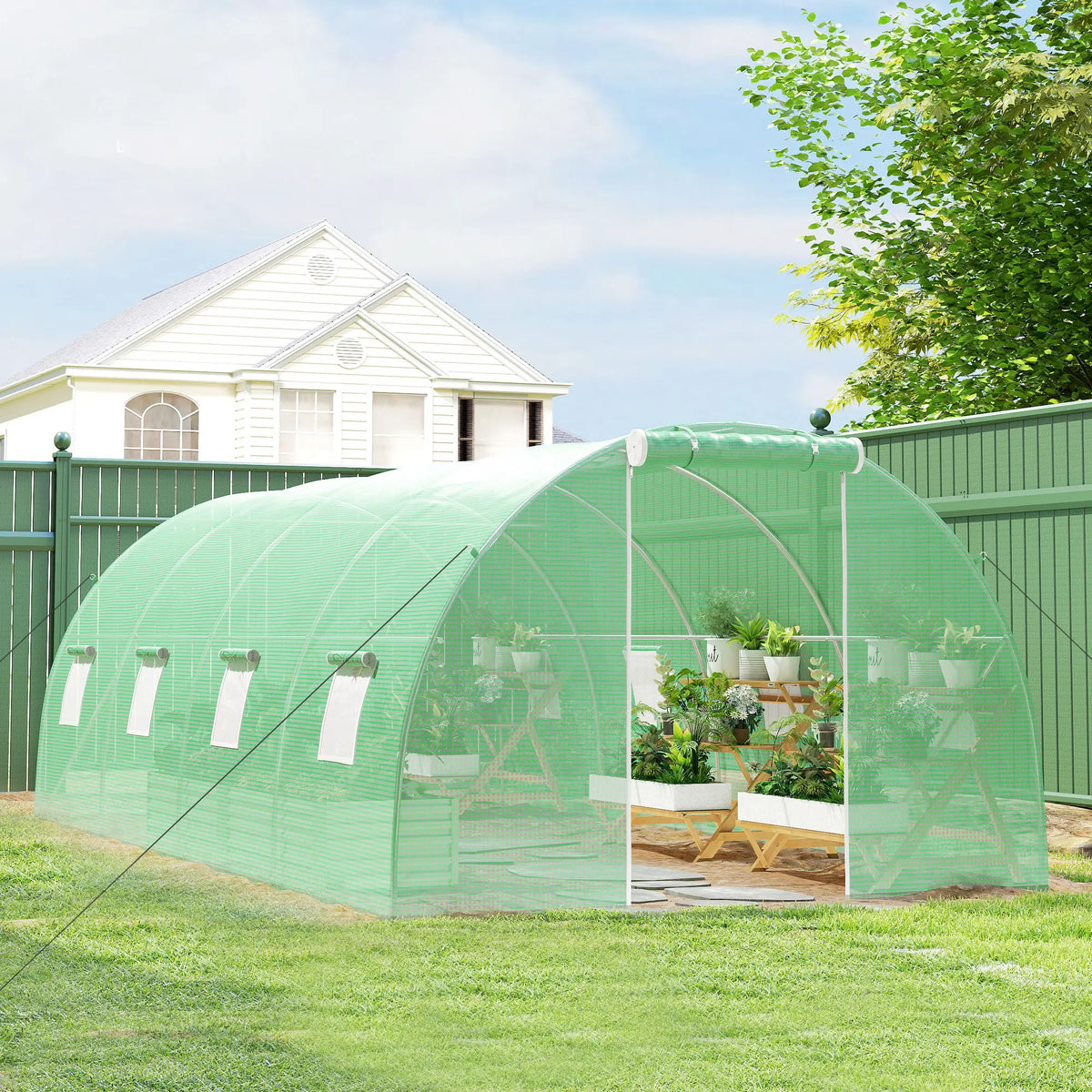Serre Tunnel de Jardin 18 m² (6 × 3 × 2 m) – 8 Fenêtres, Porte Zippée, Acier Galvanisé &amp; Bâche PE Anti-UV Serre de jardin