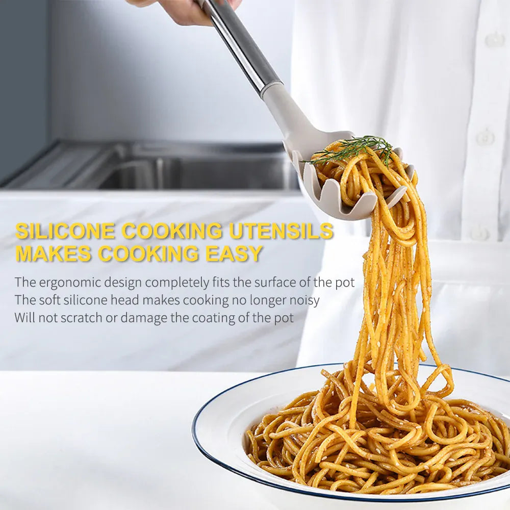 Set d'ustensiles de cuisine en silicone avec poignées en acier inoxydable