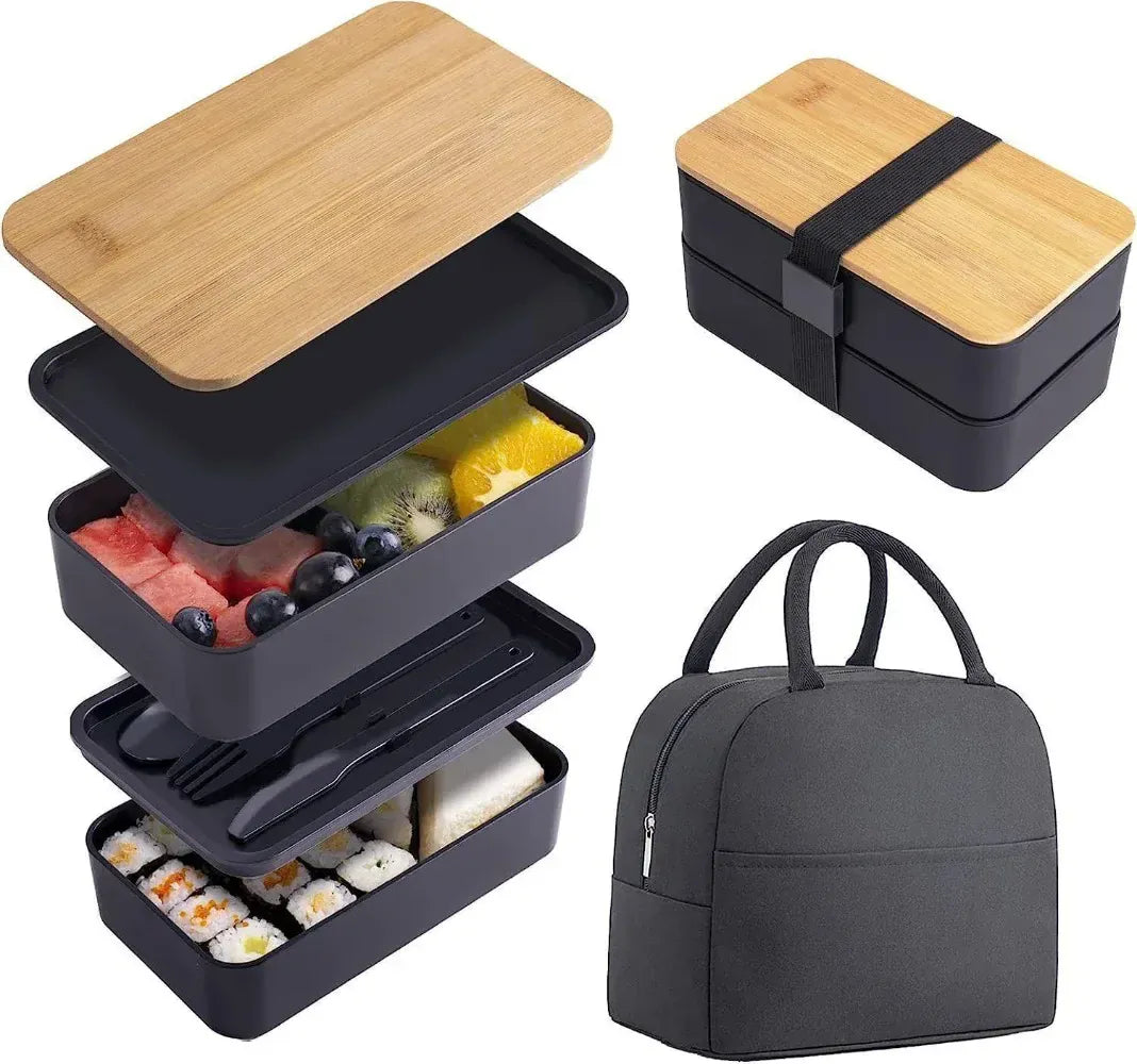 Bento 2 Étages en Plastique Écologique | Boîte à Lunch avec Couverts Bento