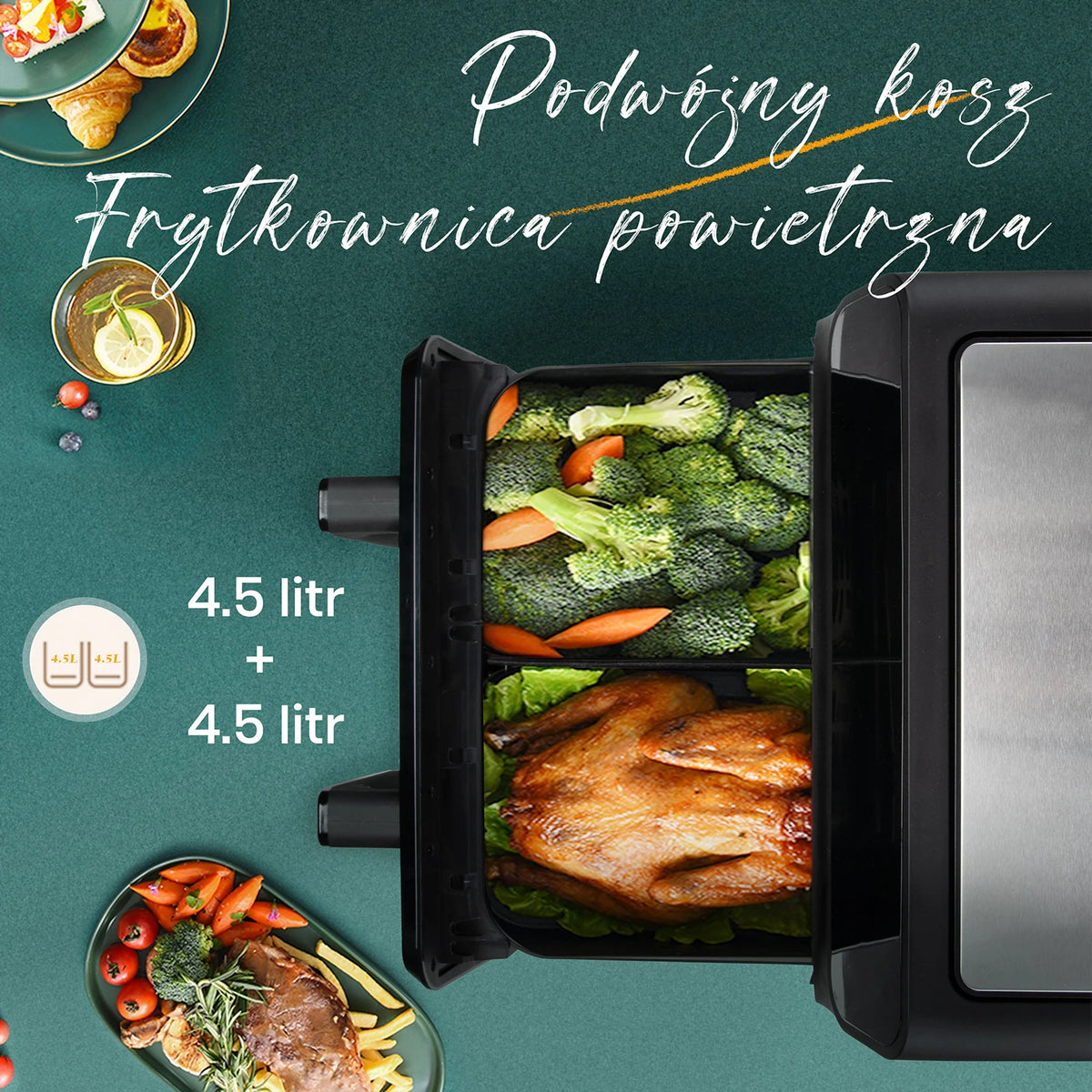 Tiroir de l'air fryer 9 L avec deux zones de 4,5 L, légumes et poulet