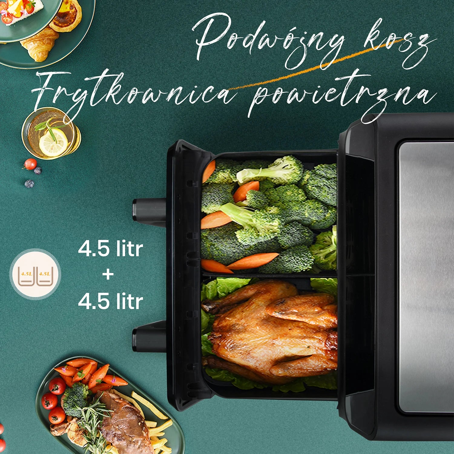Tiroir de l'air fryer 9 L avec deux zones de 4,5 L, légumes et poulet