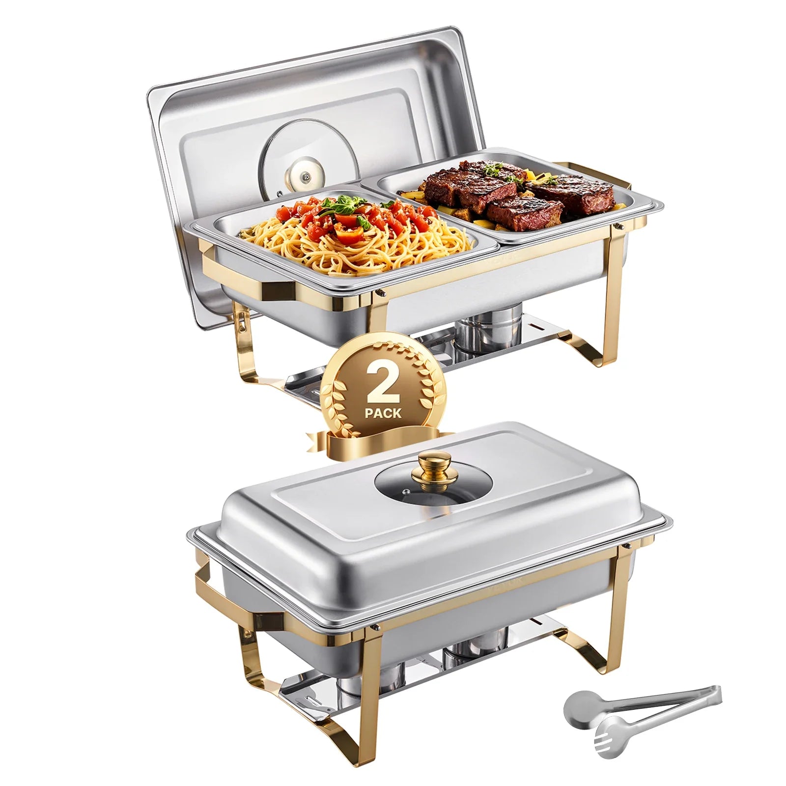 Lot de 4 chafing dishes inox dorés à couvercle hublot avec grands bacs et pince