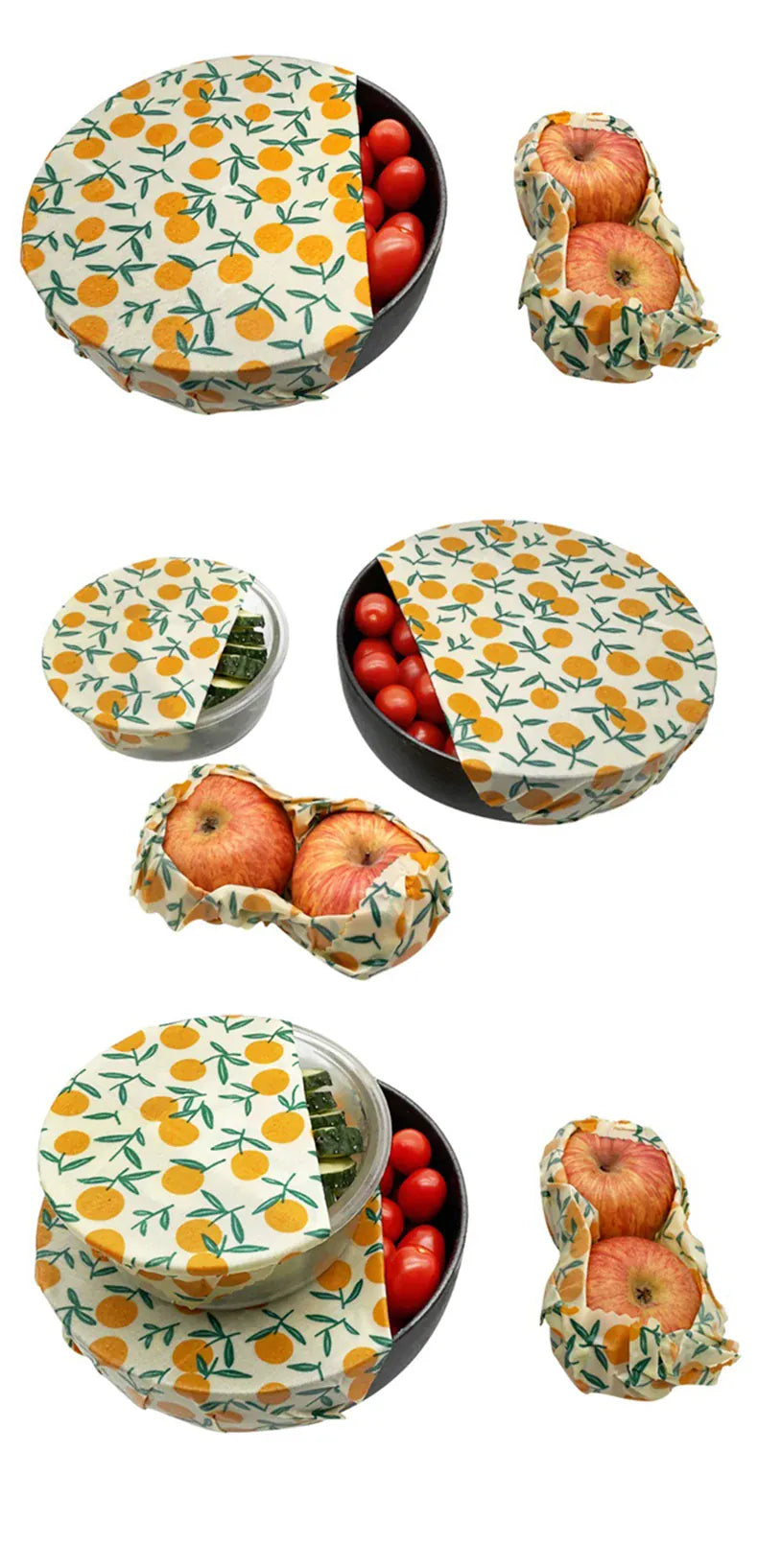 Film Alimentaire Réutilisable Cire d'Abeille – Lot de 3 Tailles, Motifs Fruités