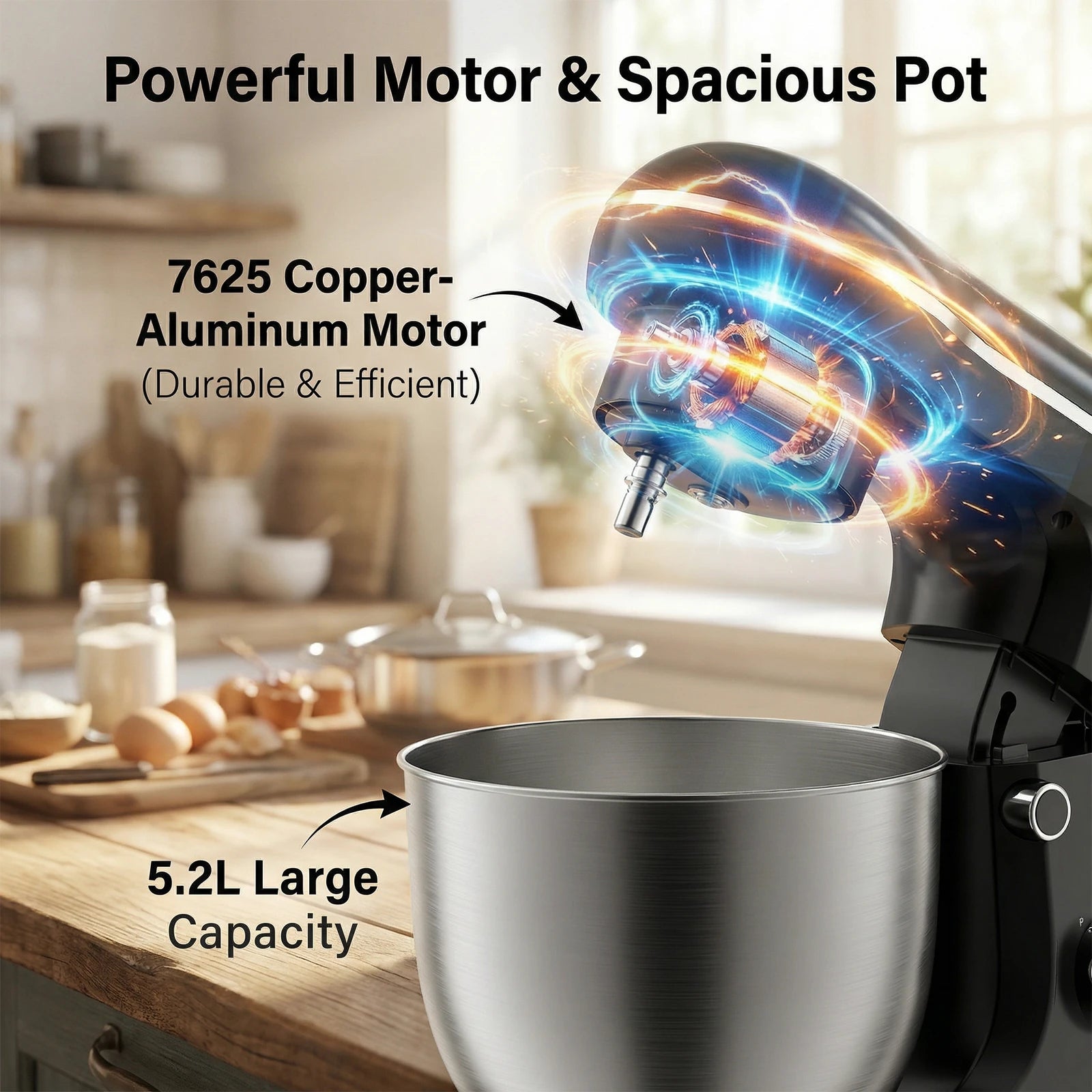 Moteur 1500 W et bol inox 5,2 L du robot pâtissier