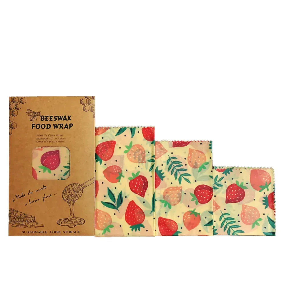 Film Alimentaire Réutilisable Cire d'Abeille – Lot de 3 Tailles, Motifs Fraises