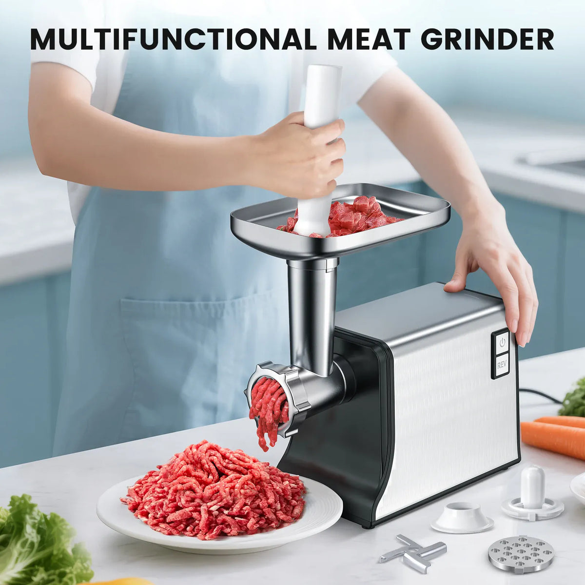 Hachoir Électrique Multifonction 3000W — 3 Lames, 3 Plaques, Saucisses &amp; Kubbe Hachoirs à Viande