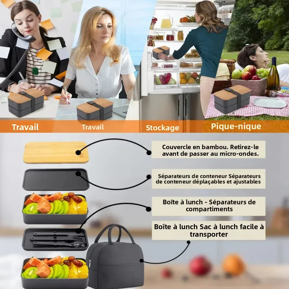 Bento 2 Étages en Plastique Écologique | Boîte à Lunch avec Couverts Bento