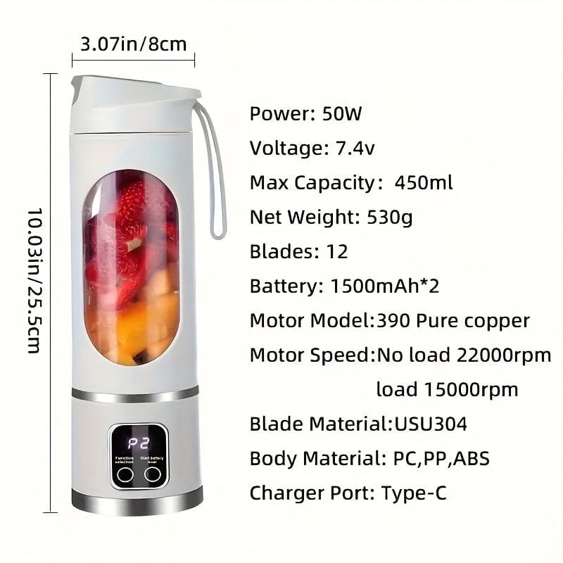 Blender USB Rechargeable avec affichage LED - 450ml, idéal smoothies & milkshakes blender