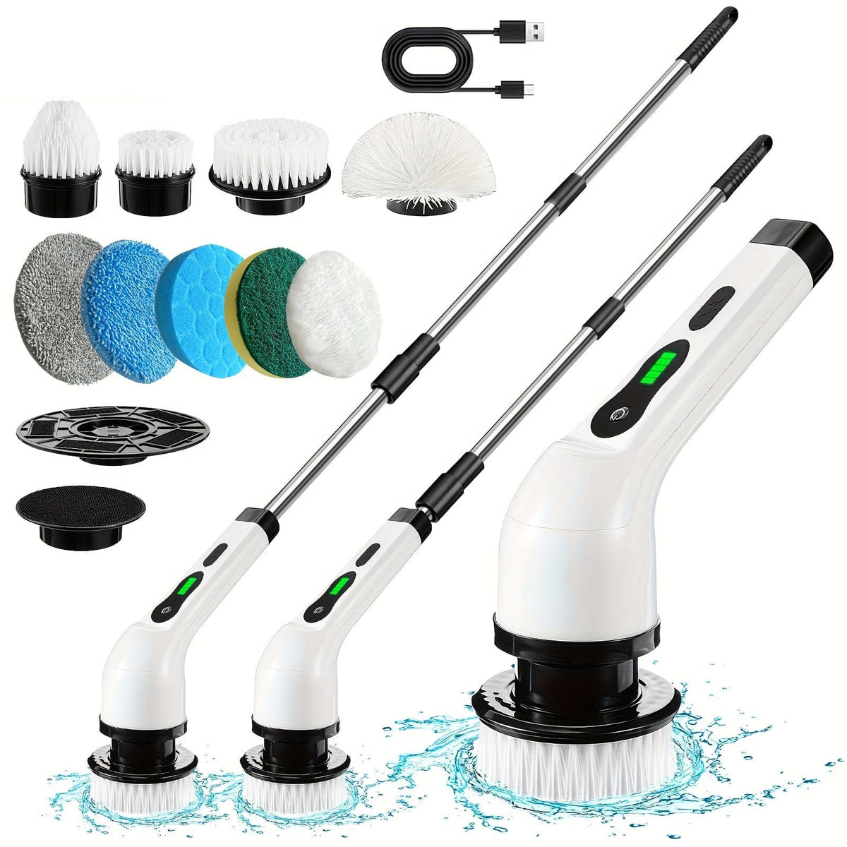 Brosse de Nettoyage Électrique Sans Fil — 8 Têtes, Manche 132 cm — Cuisine et Salle de bain