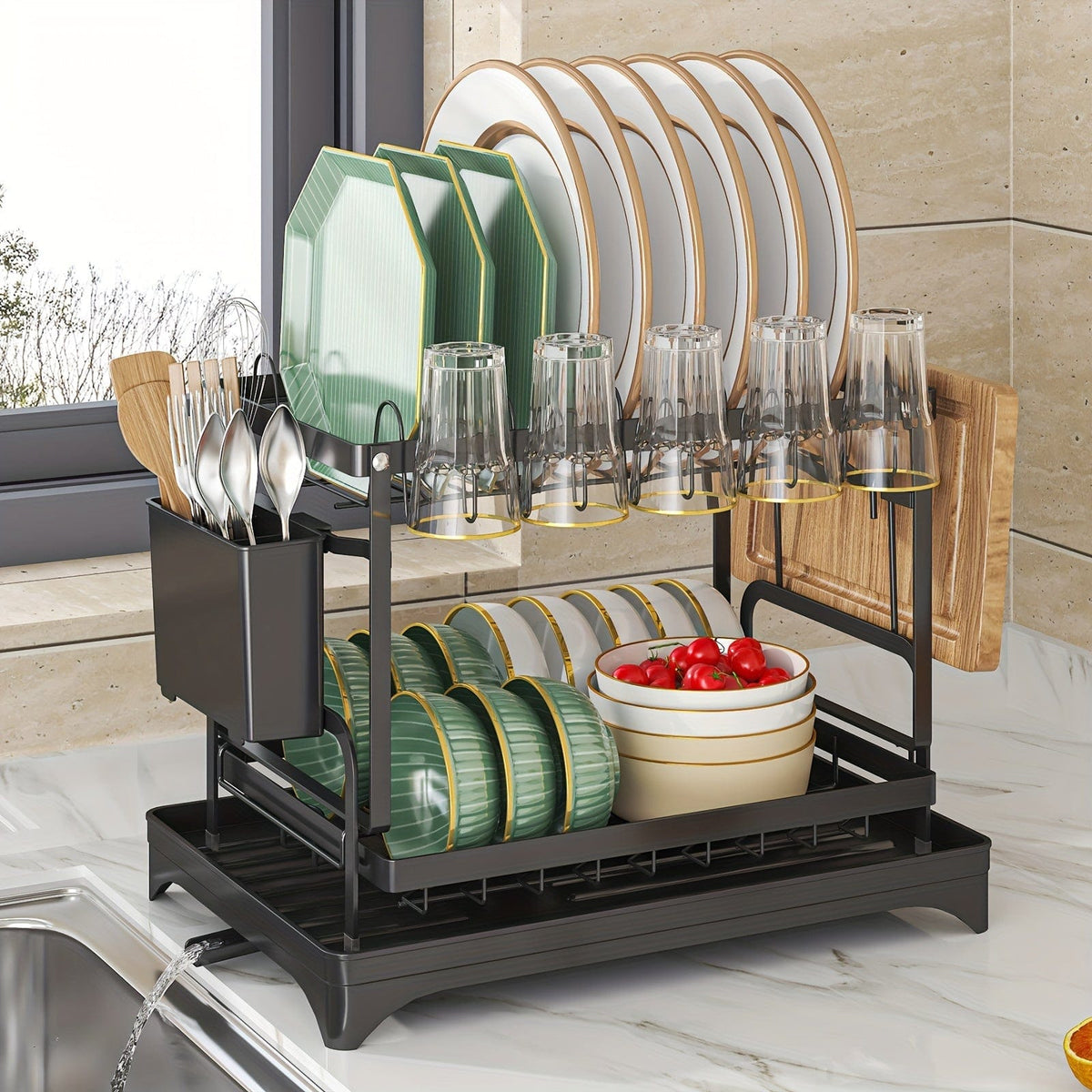 Égouttoir à vaisselle double étages avec range-couverts et égouttoir, Rangement vaisselle multifonction, Grande capacité, Pour plan de travail cuisine