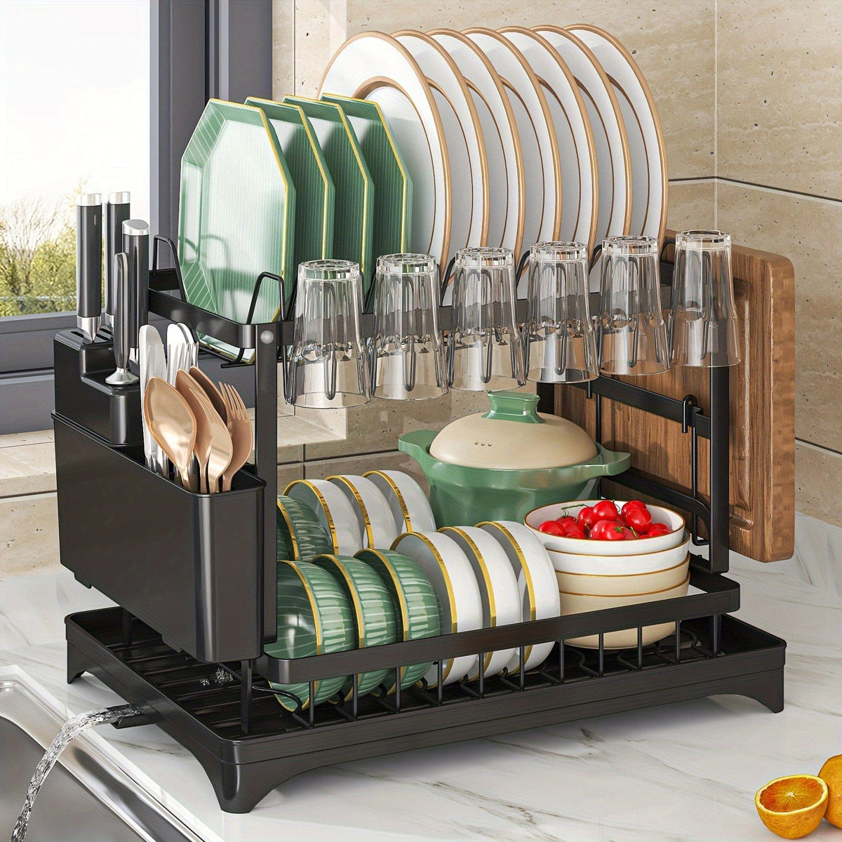 Égouttoir à vaisselle double étages avec range-couverts et égouttoir, Rangement vaisselle multifonction, Grande capacité, Pour plan de travail cuisine