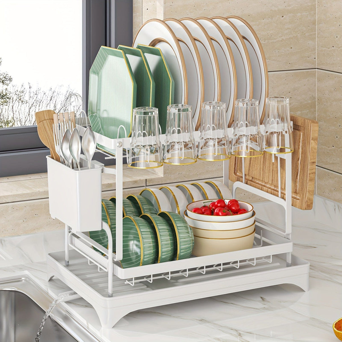 Égouttoir à vaisselle double étages avec range-couverts et égouttoir, Rangement vaisselle multifonction, Grande capacité, Pour plan de travail cuisine