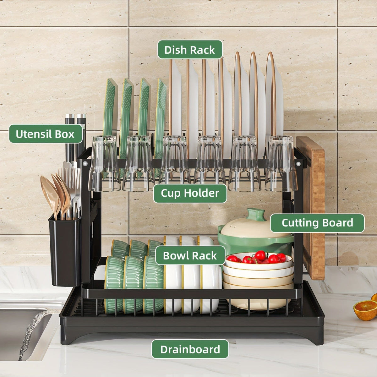 Égouttoir à vaisselle double étages avec range-couverts et égouttoir, Rangement vaisselle multifonction, Grande capacité, Pour plan de travail cuisine