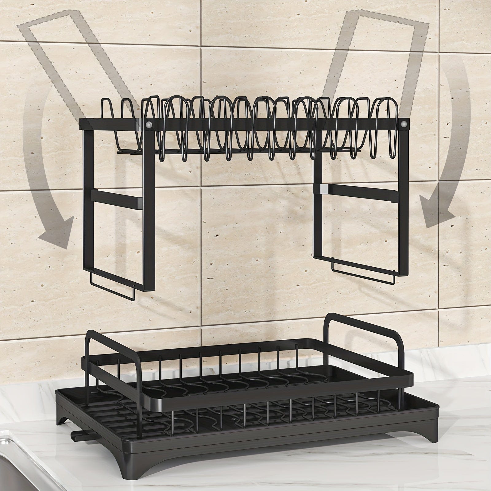 Égouttoir à vaisselle double étages avec range-couverts et égouttoir, Rangement vaisselle multifonction, Grande capacité, Pour plan de travail cuisine