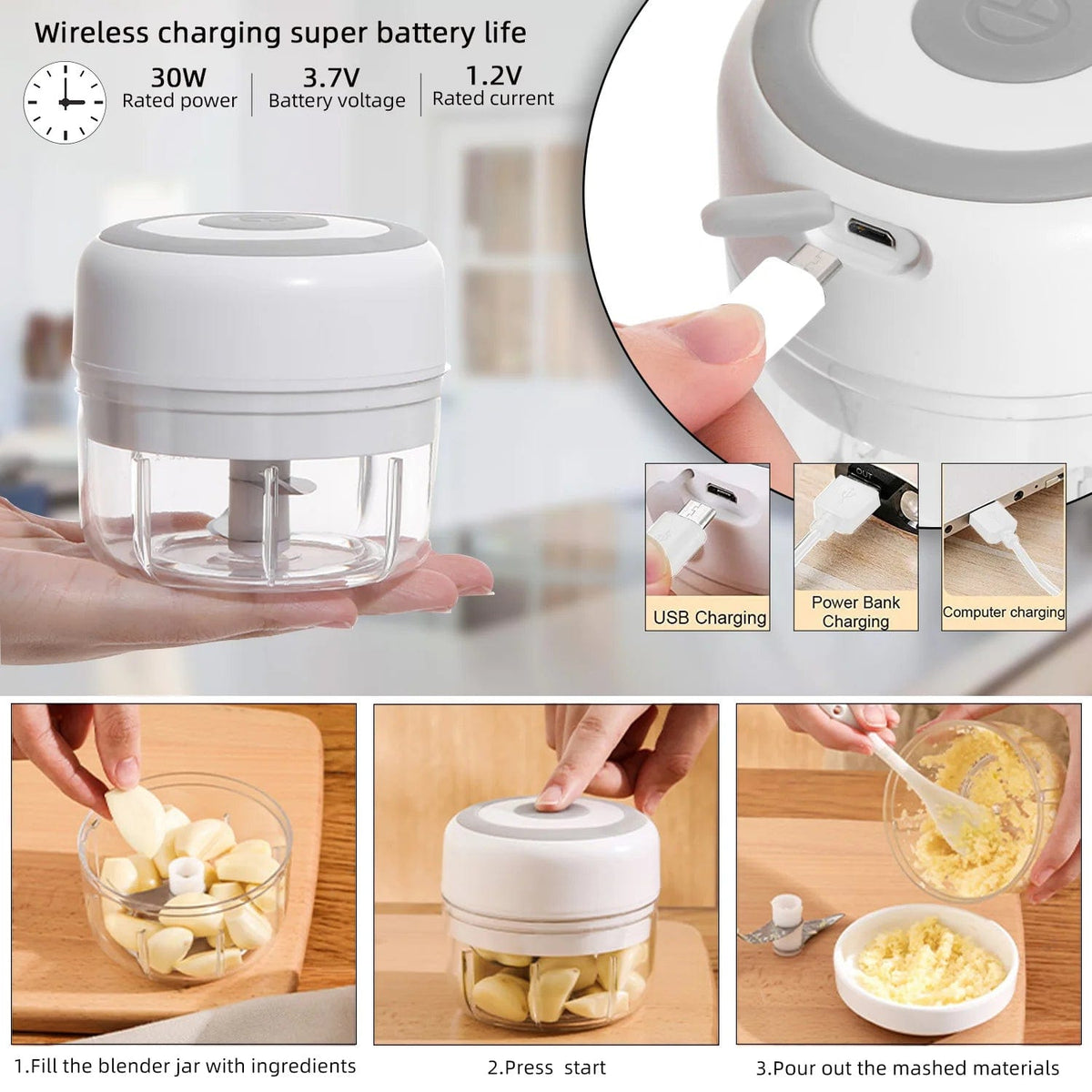Mini Hachoir Électrique pour l'Ail et les Légumes - Broyeur USB Portable &amp; sans Fil Hachoirs à légumes