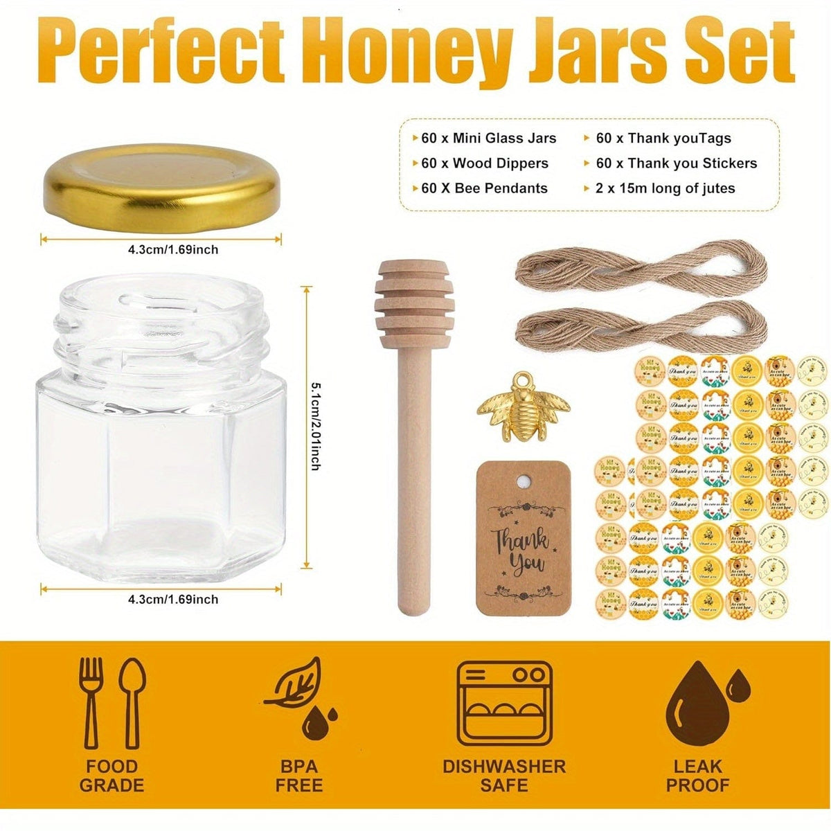 Ensemble de 60 pots en verre hexagonaux 1.5oz avec couvercles dorés - Baby Shower, Mariage, Favors &amp; Gifts
