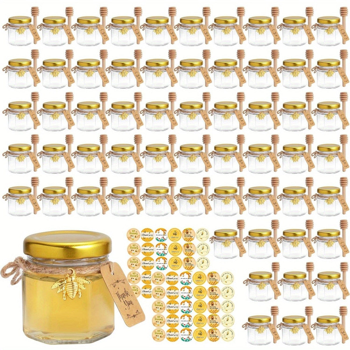 Ensemble de 60 pots en verre hexagonaux 1.5oz avec couvercles dorés - Baby Shower, Mariage, Favors &amp; Gifts
