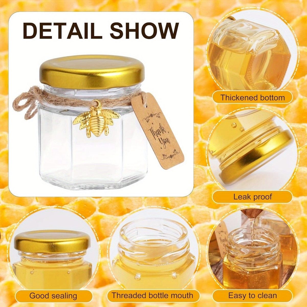 Ensemble de 60 pots en verre hexagonaux 1.5oz avec couvercles dorés - Baby Shower, Mariage, Favors &amp; Gifts