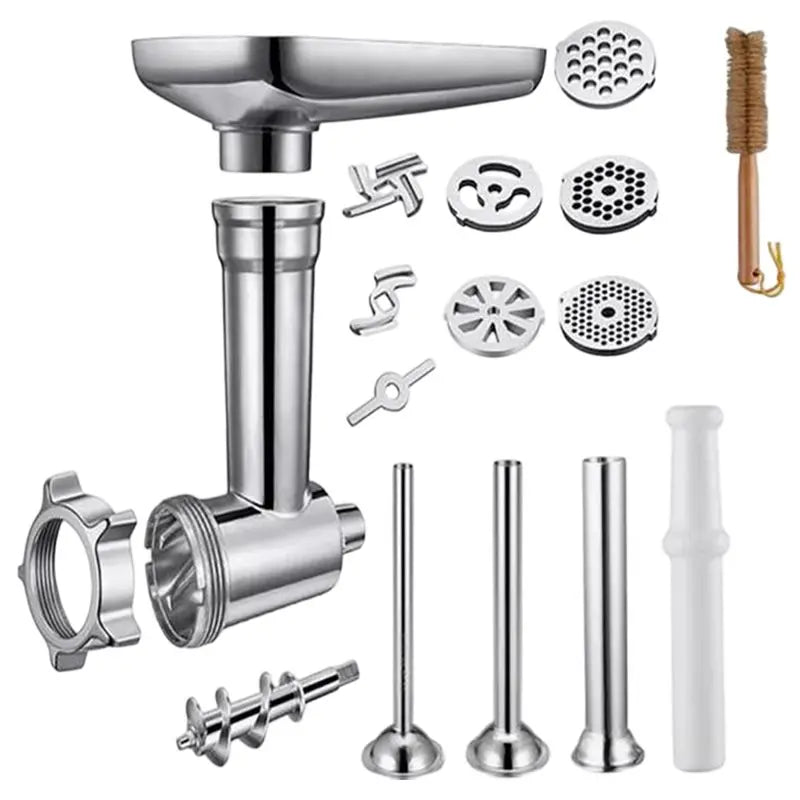 Contenu du kit hachoir pour robot KitchenAid : corps, plateau, 5 grilles, 3 lames, 3 tubes à saucisse, poussoir et brosse