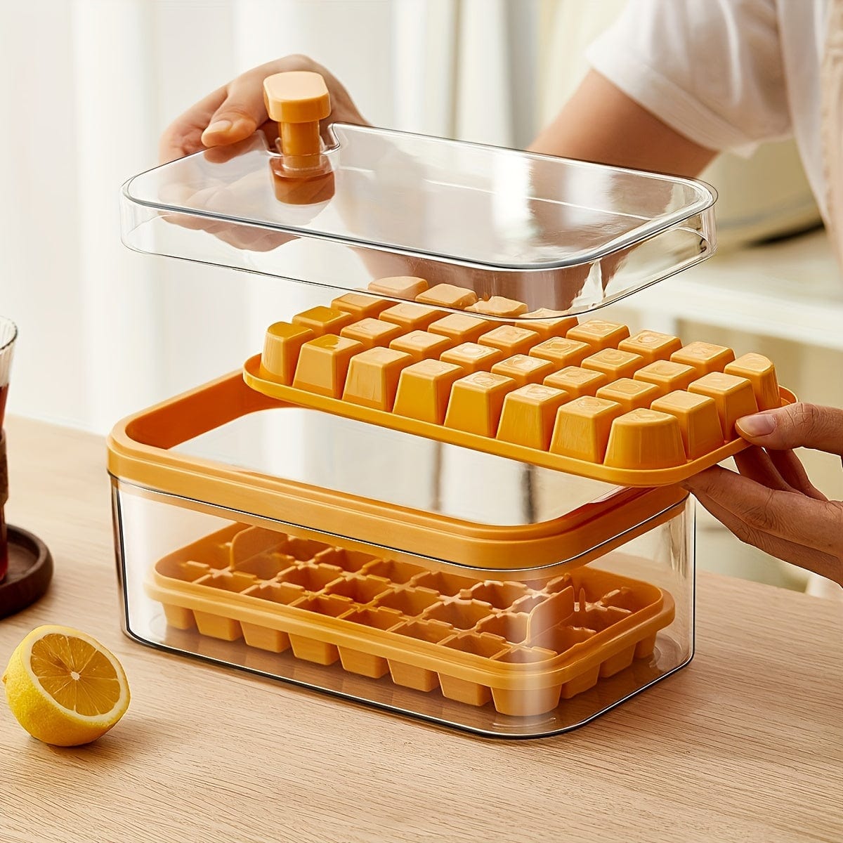Lot de 2 bacs à glaçons - 64 compartiments - avec couvercle &amp; bac de rangement bac à glaçons