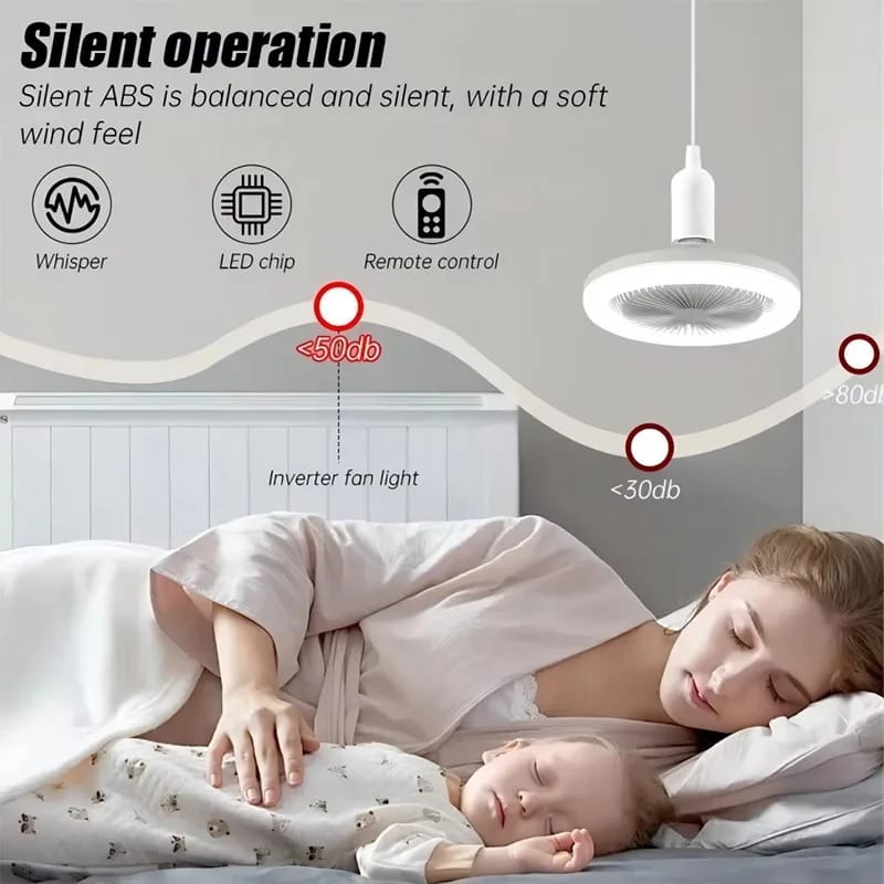 Ventilateur de plafond E27 au-dessus d'un lit, en vitesse douce