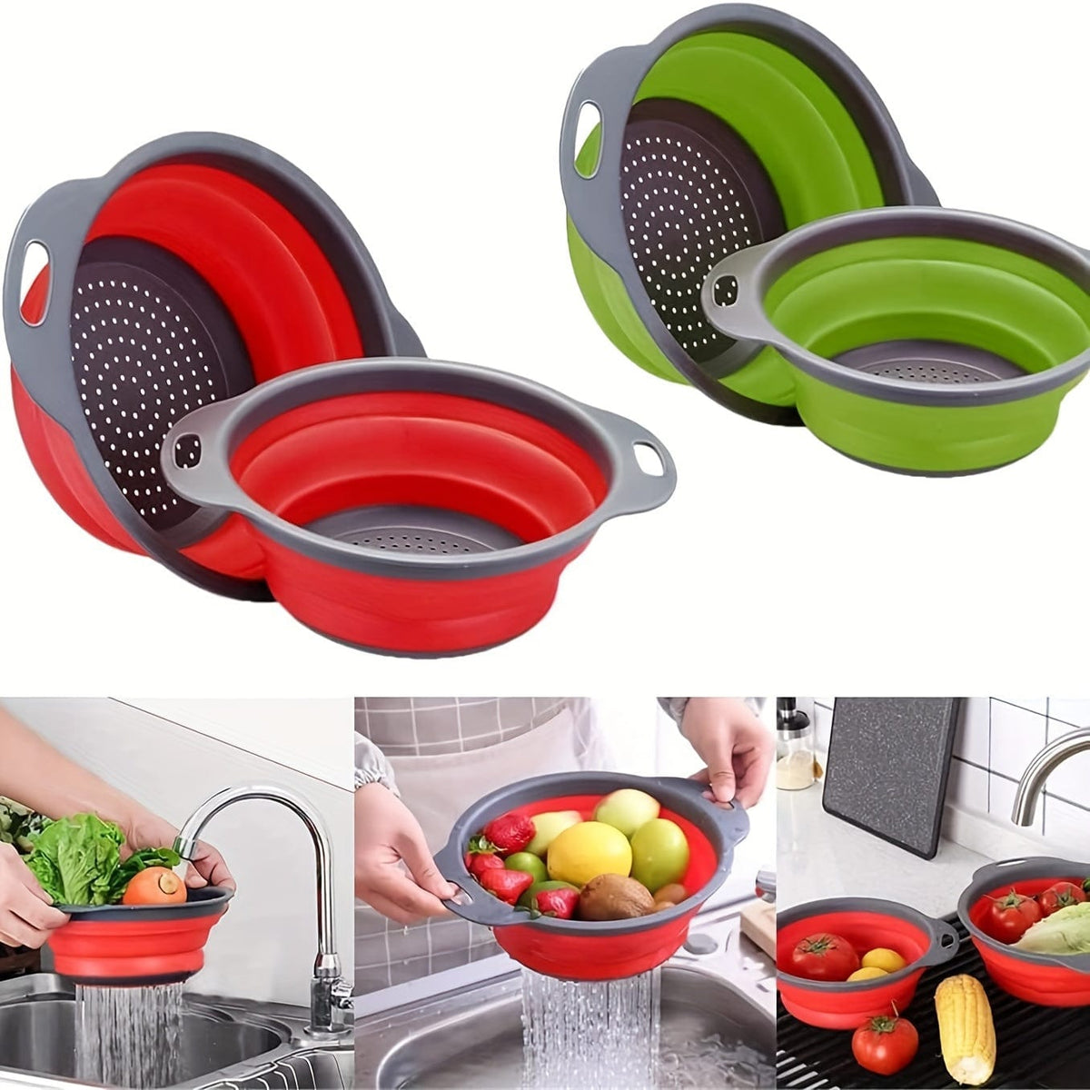 Passoire pliable en PP et TPR, coloris rouge, bleu et vert