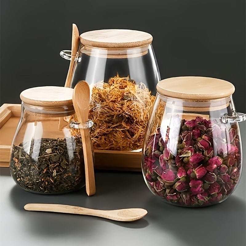 Lot de 3 pots en verre hermétiques 350, 600 et 1000 ml avec couvercle bambou et cuillère
