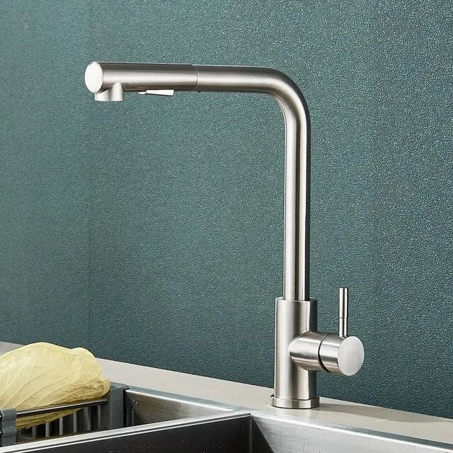 Robinet de cuisine à douchette extractible, finition nickel brossé