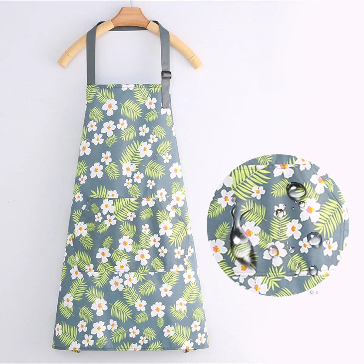 Tablier de cuisine en toile de coton imperméable - Motifs Fleurs blanches sur fond Vert tablier