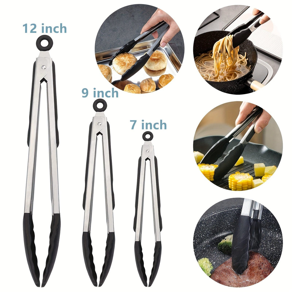 Lot de 3 pinces de cuisine inox à embouts silicone