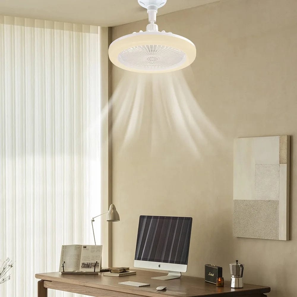 Ventilateur de plafond avec lampe LED allumé au-dessus d'un bureau